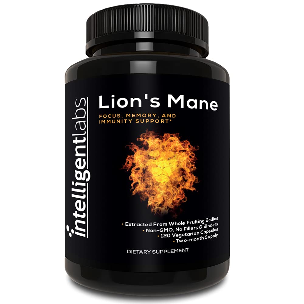 דגמי ה-Mane Mushroom של מעבדות חכמות Lion, שנלקחו מ-The Fruiting Bodies of Hericium Erinaceus, מינימום 25% Beta Glucans, No Grain Fillers, 2-Month Supply