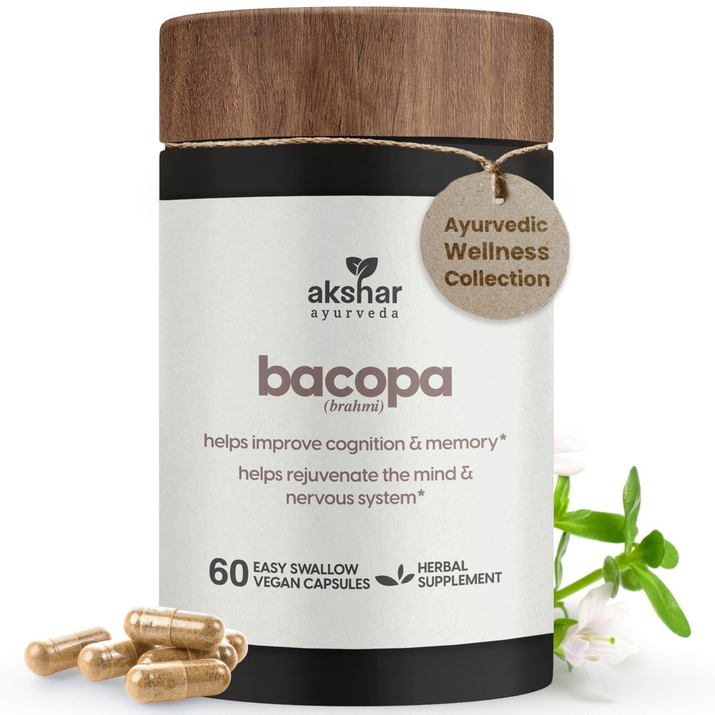 AKSHAR Ayurveda - Bacopa 500 מ"ג ברהאמי, Rejuvenate System, Bacopa Pills כדי לתמוך בתפקוד הקוגניטיבי למבוגרים, Cruelty Free Bacopa Monnieri ( Count 60)