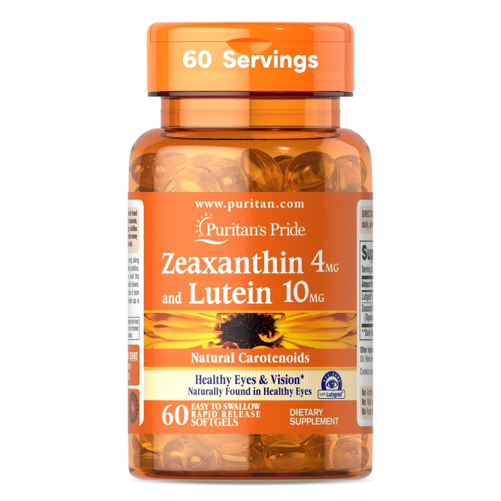 הגאווה של Puritan Zeaxanthin 4 מ"ג עם LutigoldTM Lutein 10 מ"ג carotenoids, תוספת תזונתית לעיניים בריאות וחזון, 60 Easy-to-Swallow שחרור מהיר Softgels