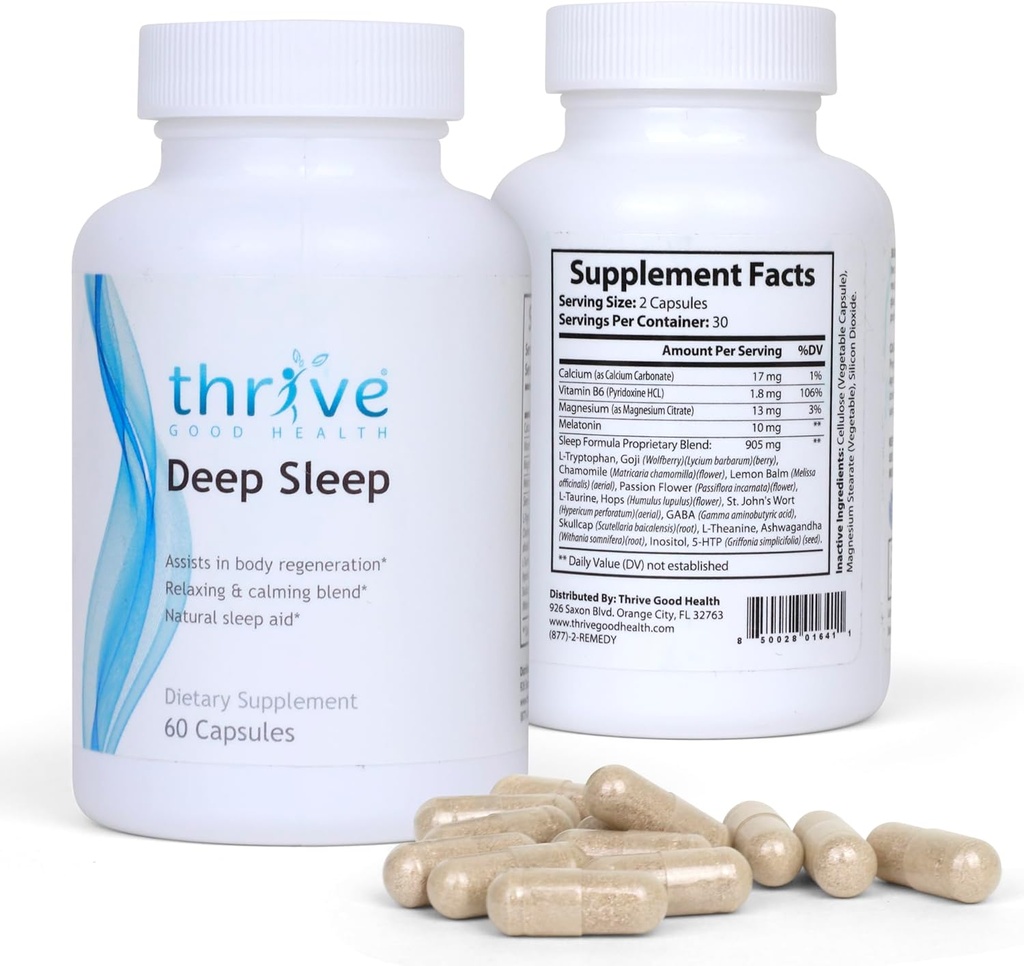 Thrive Good Deep Sleep - Sleep Supplement with Calcium Carbonate, ויטמין B6, Magnesium - Sleep Aid Formula with Melatonin, L-Tryptophan, 5-HTP, Inositol, Natural Plant Extracts - 60 Veggie קפסולות