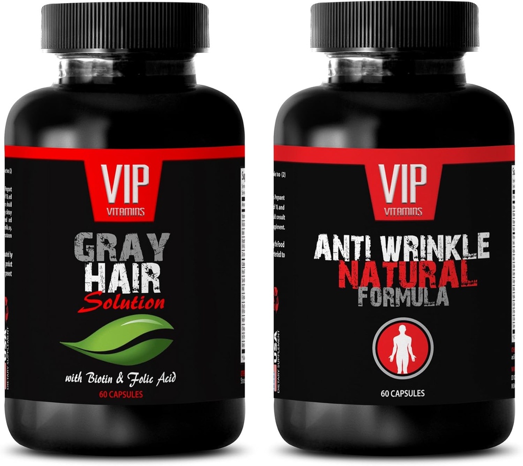 פתרון שיער אפור - Anti-Aging Essential - Anti Wrinkle Formula - Saw Palmetto Natural - 2 בקבוקים (60 קפסולות + 60 קפסולות)