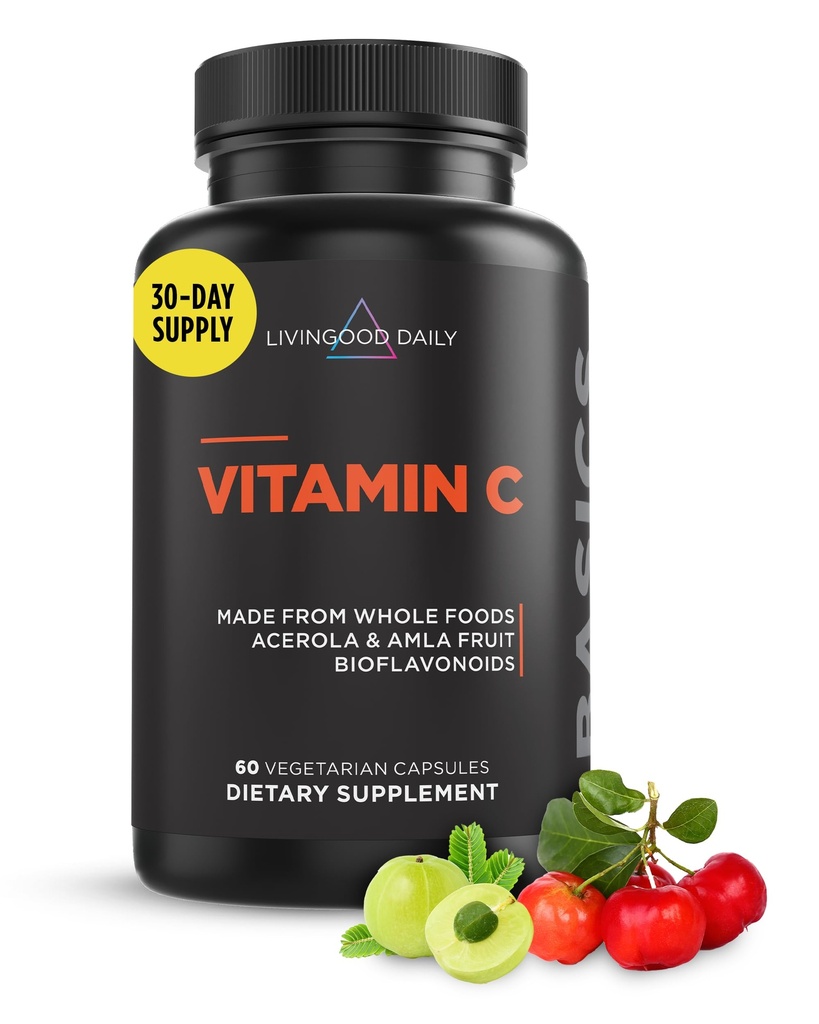 Livingood Daily ויטמין C, 3-in-1 Whole מזונות המבוססים על מזון C עם Acerola & Amla פירות Extracts ו- Citrus Bioflavonoids for Immune Support, Vegan, Gluten Free, Non GMO, 60 קפסולות