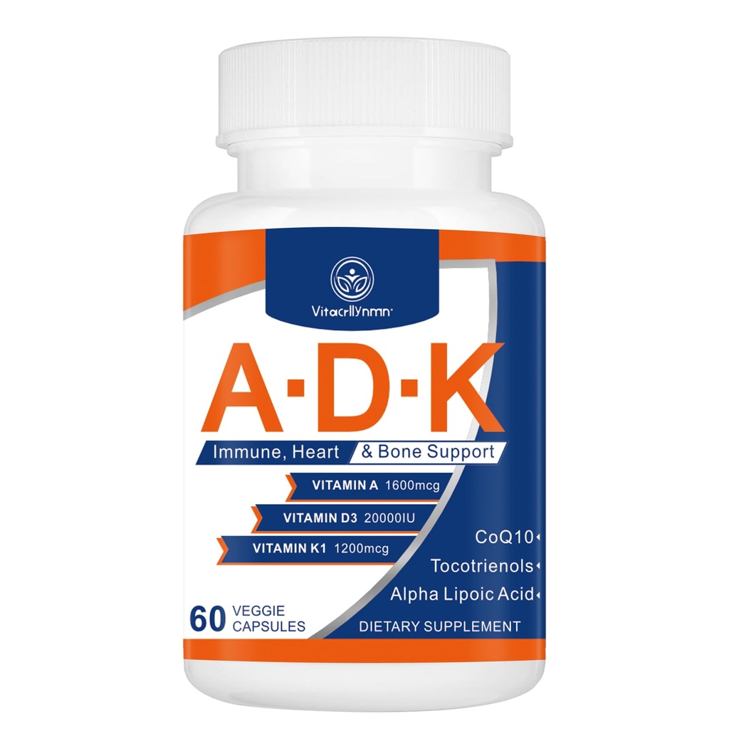תוספי ויטמין ADK 20000 IU - ויטמין A, D3 ו-K1 ללב, בריאות העצם ו- Immune תומכים בויטמין ADK 60 קפסולות