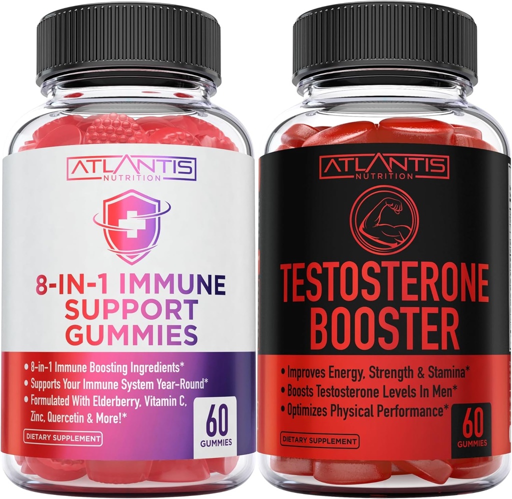 Atlantis Nutrition 8-in-1 Immune תומך 60 מסטיקנים + טסטוסטרון Booster 2-Pack (120 חניכיים)