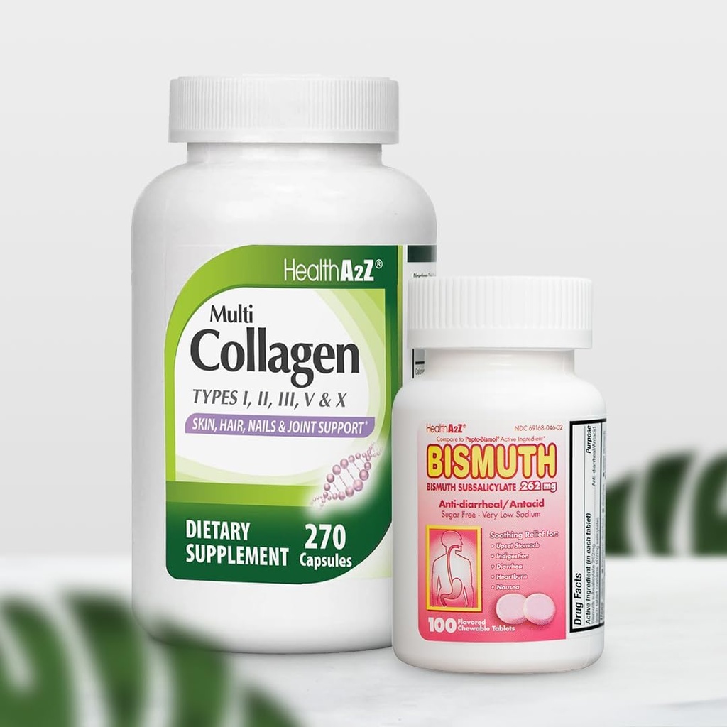 HealthA2Z® Mega Savings Bundle - Bsmuth Subsalicylate 262 מ"ג (100 טבליות) & Multi Collagen Pills, 1735 מ"ג (270 קפסולות קולגן)