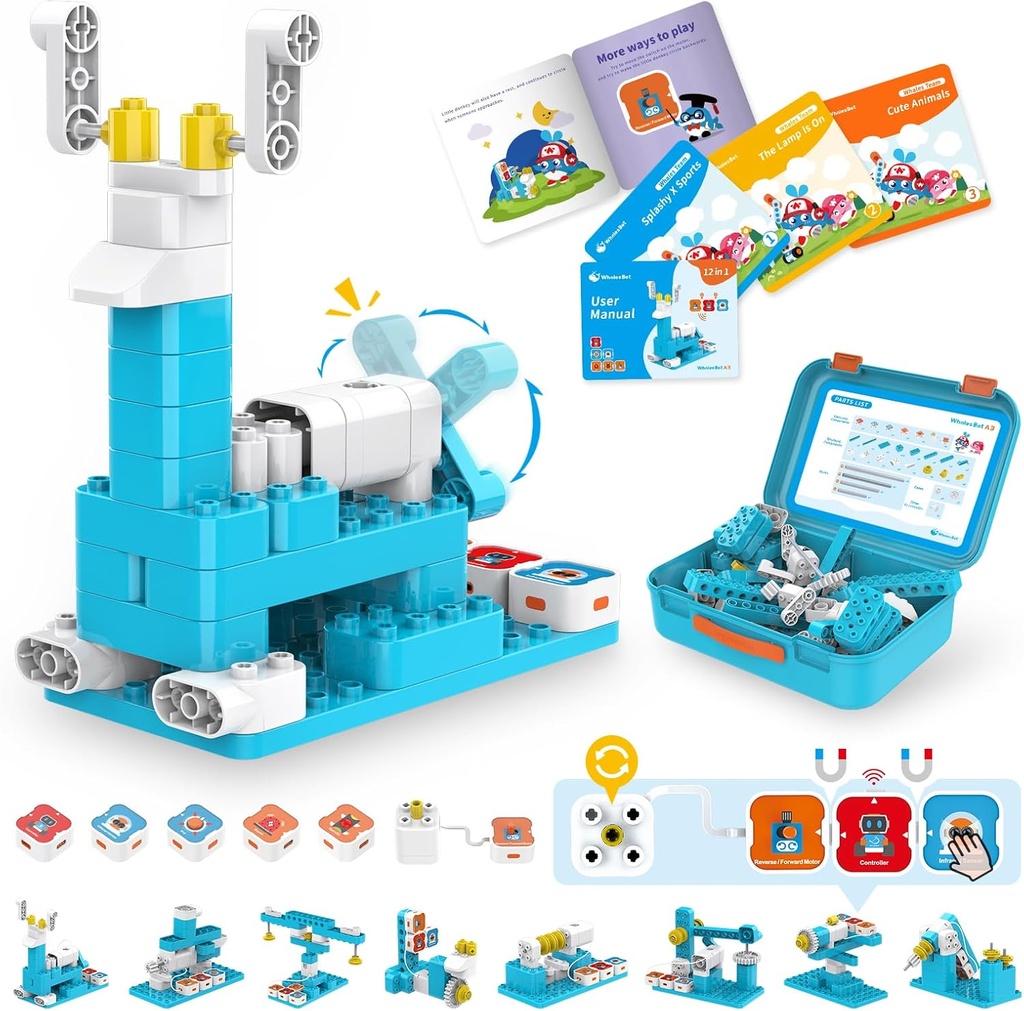 WhalesBot A3 12-in-1 STEM בלוקים Coding Robot Kit for Kids, 61-Piece חינוך בניין להגדיר עם סיפור אינטראקטיבי, מתנה אידיאלית עבור בנים ובנות 3-6