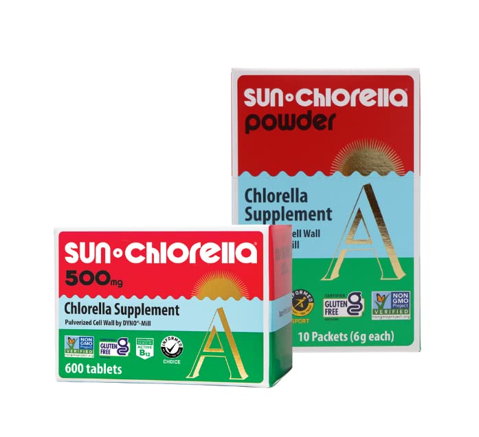 Sun Chlorella פעמיים כמו Nice Bundle 2ct 500 מ"ג כל הגוף הירוק אלגה ירוק תוספת 600 טבליות פלוס אבקת ירוק Algae Superfood תוסף 10x6g Packets