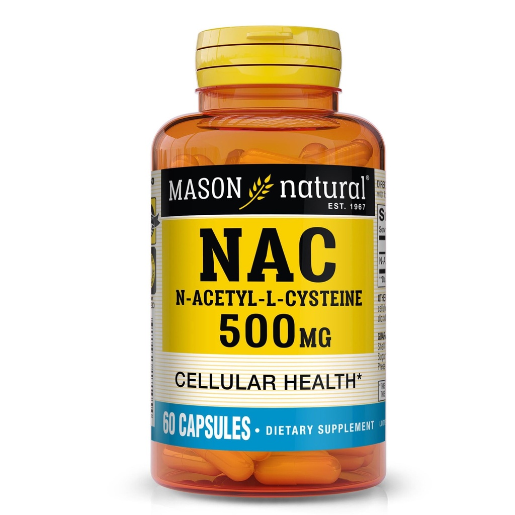 MASON NATURAL NAC N,Acetyl,L,Cysteine 500 מ"ג, 2 חודשים אספקה, תמיכה בריאות תאית נורמלית, מערכת החיסון Booster עבור כללית, 60 קפסולות