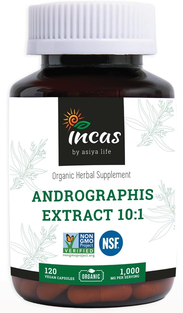 Incas Andrographis כמוסות מקס אנדרוגרףides - 1000 מ"ג גודל (120 קפסולות) - קלינית למד עבור Immune System Health & Non GMO מאומת על ידי NSF