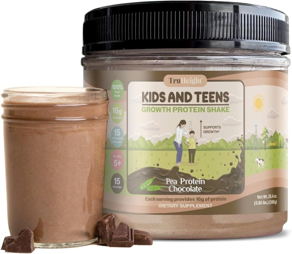 TruHeight Growth חלבונים שקד (Chocolate Milk Flavor, הצמח) אבקת חלבון צמיחה ופיתוח טבעי לילדים ובני נוער - עלייה במשקל משקאות, Endorsed by Pediatricians, Picky Eater ויטמין, ימי 5+