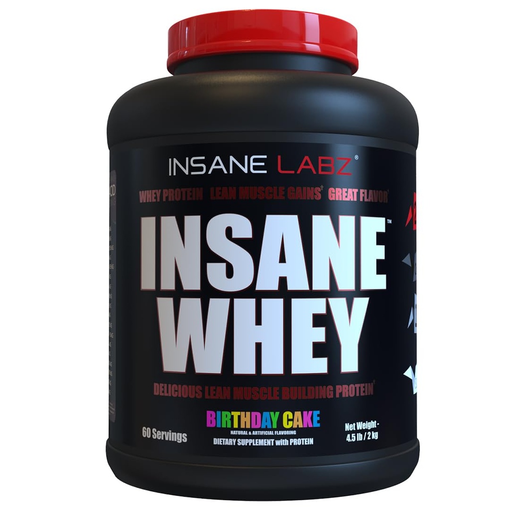Insane Labz Insane Whey,100% שריר בניין Whey חלבון, Post Workout, BCAA Amino פרופיל, Mass Gainer, Meal Switch, 5lbs, 60 Srvgs, (Birthday Cake)