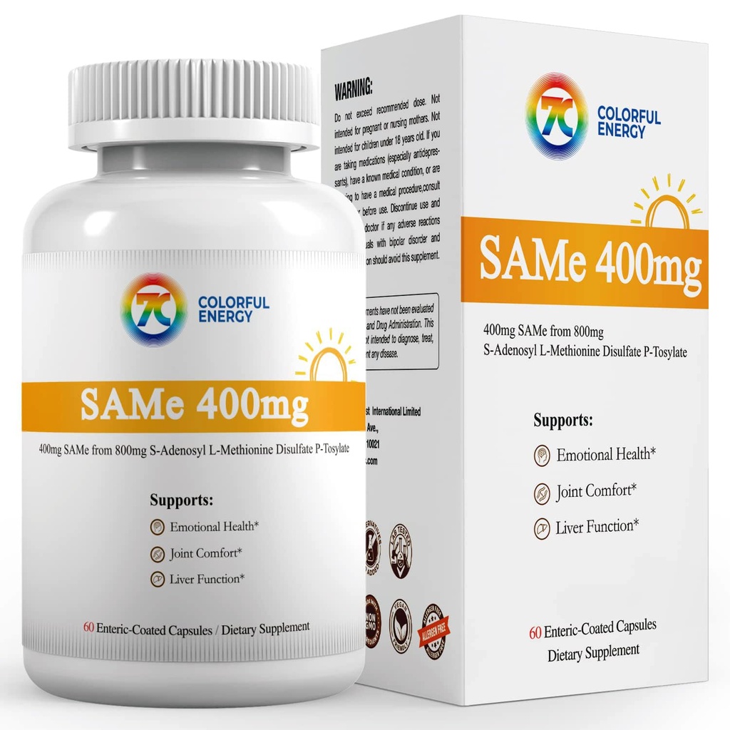 7c Sam e 400 מ"ג תוסף (S-Adenosylmethionine), ויטמין B6, B12 נוסף כדי לשפר את יעילות סם-e, Mood ו- Joint Comfort, טבעוני, non-GMO, Gluten-Free, 60 קפסולות מחוברות