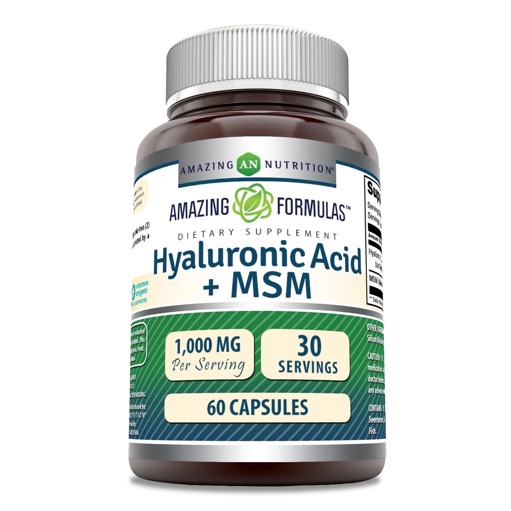 פורמולה מדהימה Hyaluronic Acid & MSM תוסף | 1000 Mg Per Serve | קפסולות | Non-GMO | Gluten Free | Made in USA (1 Pack, 60 Count)