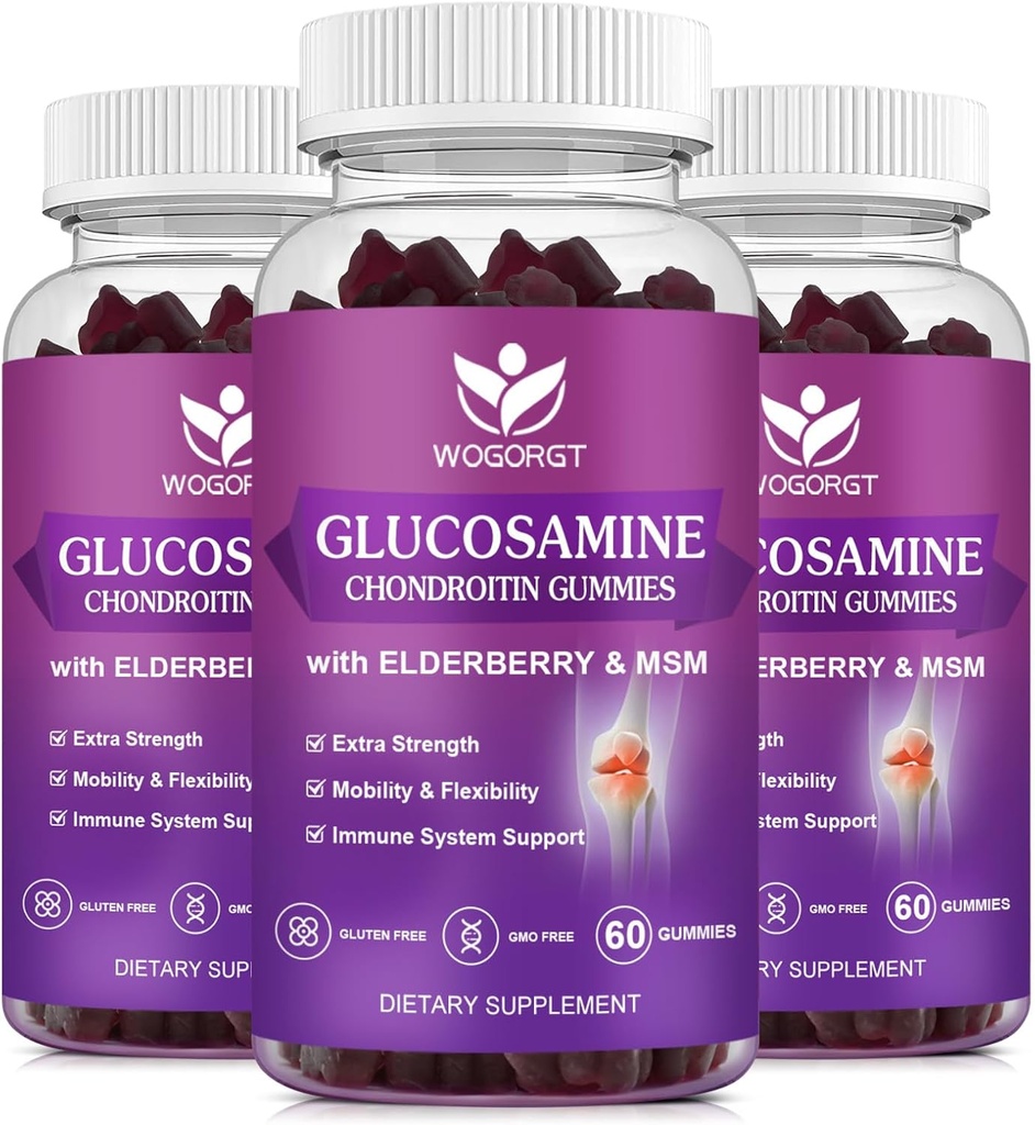 Glucosamine Chondroitin חניכיים עם MSM & Elderberry - 1500mgcosamine Chondroitin חניכיים תוספת עבור גמישות ותמיכה החיסון עבור גברים ונשים, 60 חניכיים (3 Pack)
