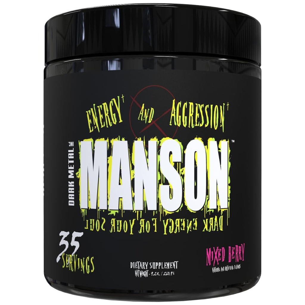 DARK METAL Inc Manson High Stim Pre Workout אבקה, אנרגיה פוקוס כוח, טעון עם Beta Alanine L Carnitine Caffeine Caffeine Infinergy, 35 Srvgs, מעורב ברי ברי
