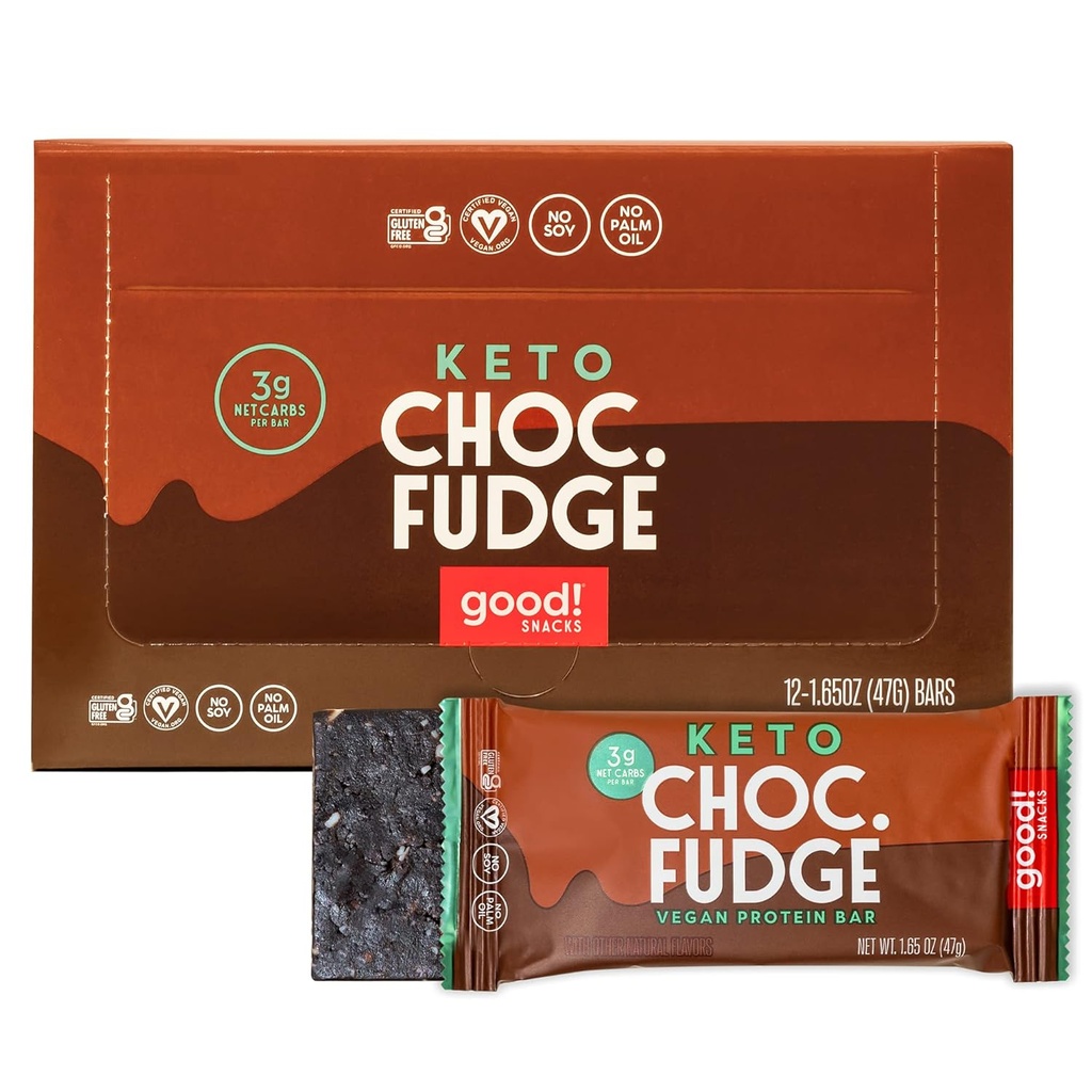 טוב! חטיפים שוקולד Fudge Keto חלבון Bar, טבעוני, Soy & Gluten חינם, נמוך סוכר החלפת, 11g חלבון גבוה, חטיף טבעי בריא, עבור ספורטאים Active Lifestyles, 3g Net Carbs, 12 Bars