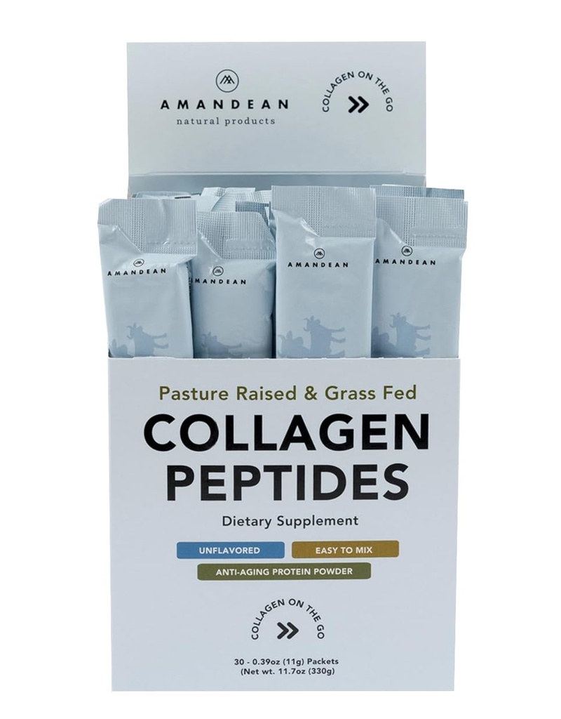 AMANDEAN Collagen Peptides אבקת Packets | 30 Individual Stick Packs | Grass-Fed hydrolyzed Collagen Protein | Unflavored, Easy to Mix | Travel Friendly | קידום בריאות Gut, Skin, Hair, Nails.
