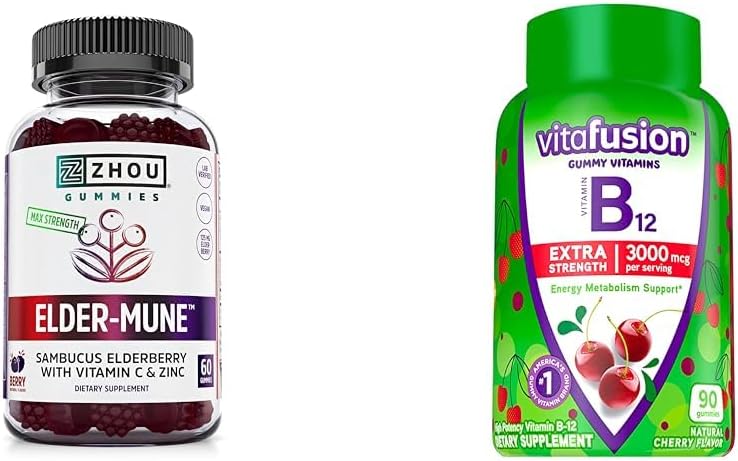 ZHOU Nutrition Elderberry Gummies Immune Support Bundle עם Vitafusion ויטמין B12 Gummies אנרגיה metabolism תמיכה, 60 ו 90 הרוזן