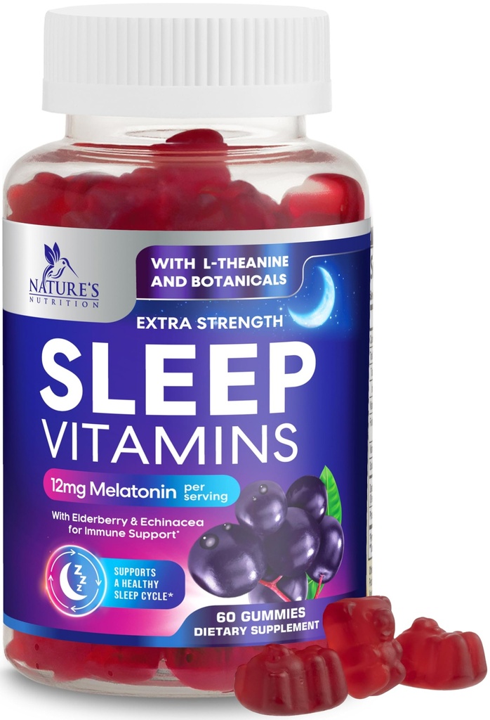 Sleep Gummies with Melatonin 12 מ"ג - תוספת כוח שינה חניכיים, מלטונין טבעי מסטיקמי, Occasional Sleep Support for Adults, Vegan, non-GMO, Gomitas paraamir - 60 מסטיק