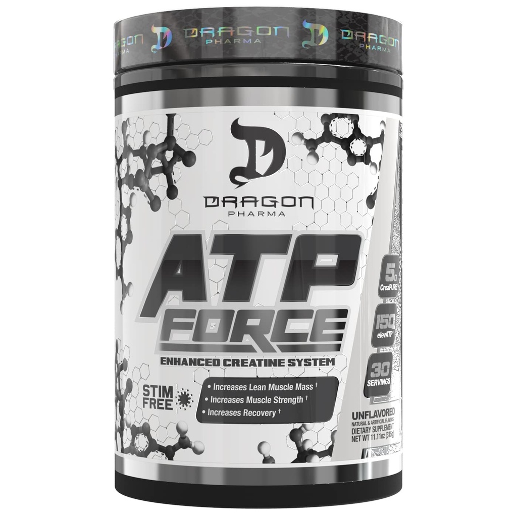 DRAGON PHARMA ATP Force Enhanced Creatine System, Stim-Free, הגדלת Lean שריר Mass & Recovery, 5 גרמות של CreaPure, משפר את זרימת הדם (30 לשרתים, Unflavored)