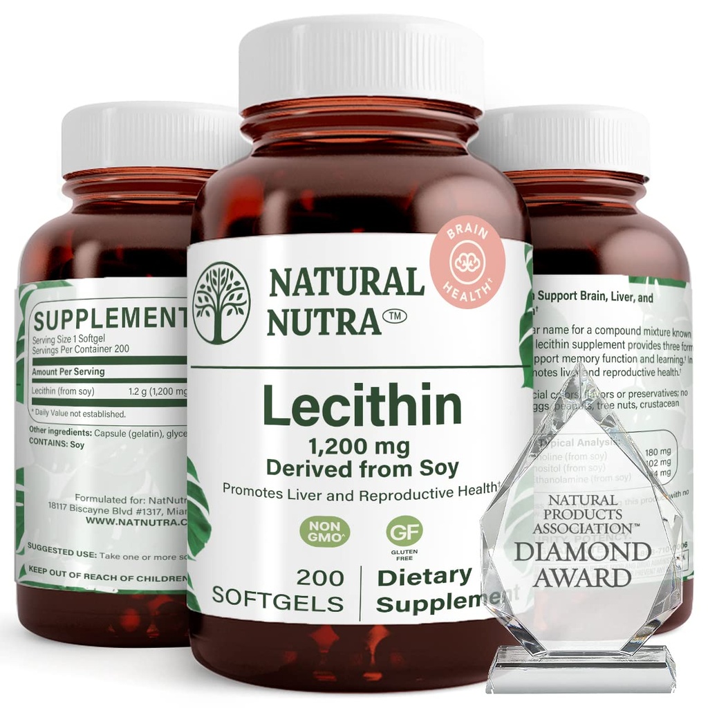 טבעי Nutra Soy Lecithin 1200 מ"ג תוסף תזונה - תפקוד המוח, בריאות Liver, לשפר את הבריאות Procreant, תוספת Boosting - Gluten-Free, BPA-Free, 200 Softgels בבקבוקי זכוכית הניתנים למחזור.