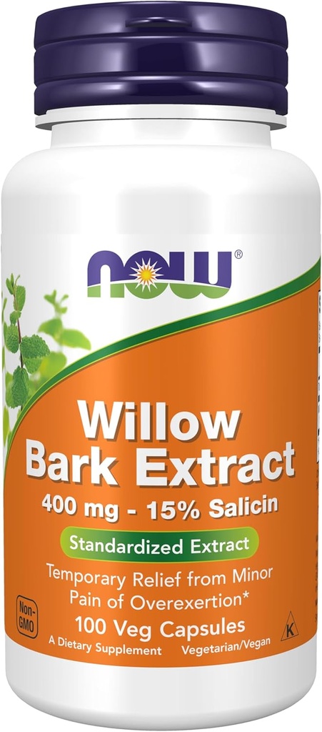 עכשיו תוספי מזון, White Willow Bark 400 מ"ג עם 15% Salicin, הפקה סטנדרטית, 100 Veg כמוסות