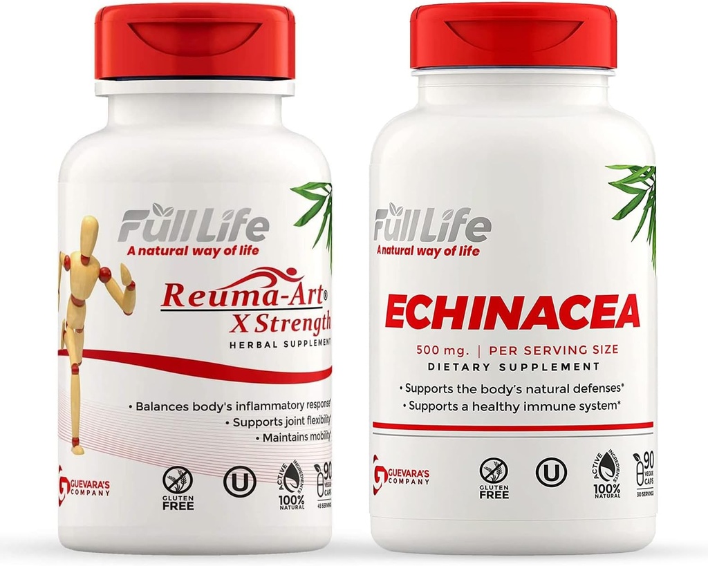 Full Life Reuma-Art X Strength and Echinacea כמוסות - תוסף תמיכה משותף - Echinacea Purpurea Extractea Extract - כשר, Gluten-Free - 90 Veggie קפסולות כל אחת