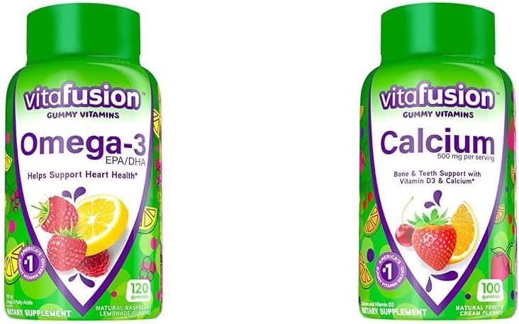 Vitafusion אומגה 3 חניכיים ויטמין, ברי לימונדה פלבדורד, ויטמין בריאות הלב(1) & Chewable Calcium Gummy ויטמינים for Bone and Dental Support, Fruit and Cream Flavored