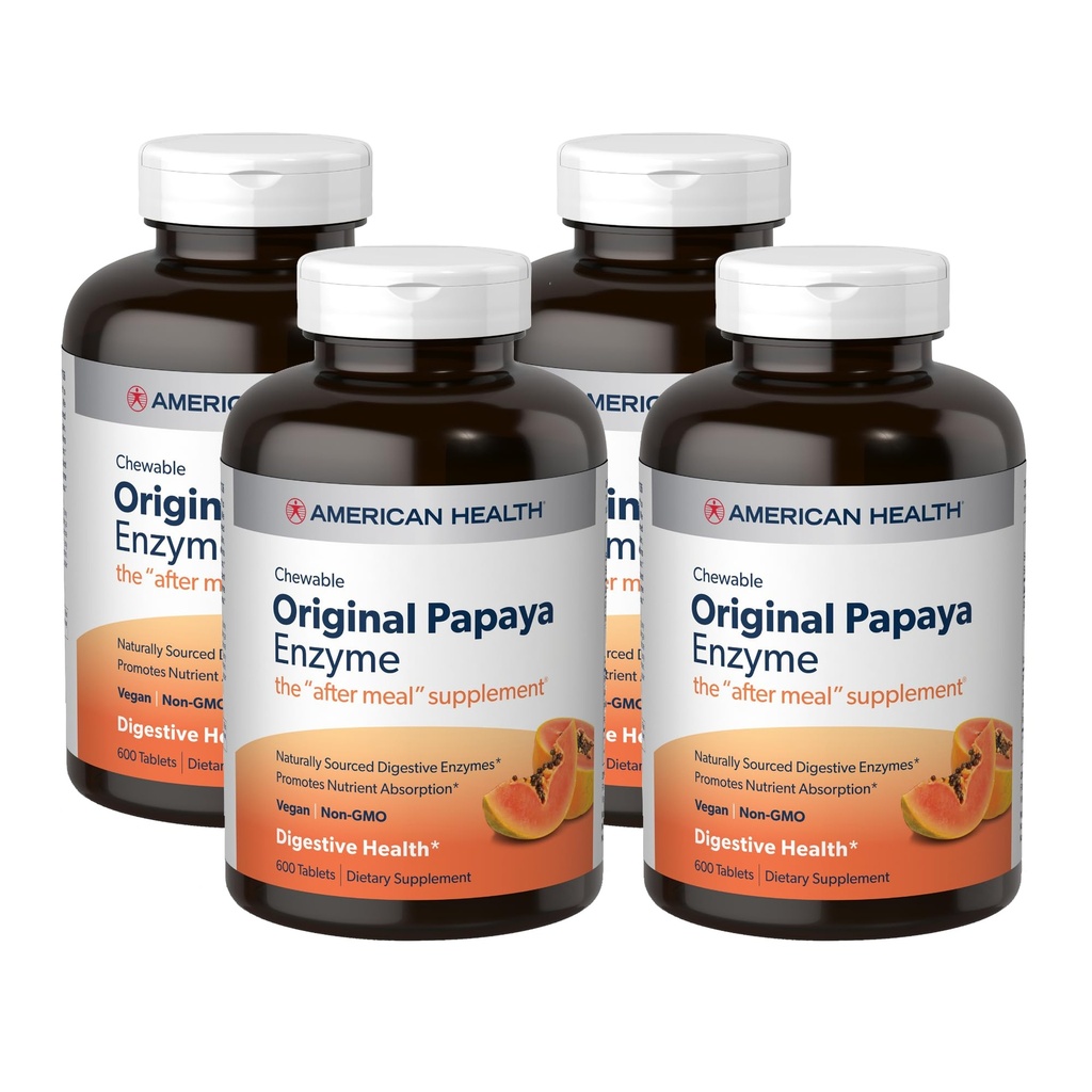 American Health Original Papaya Enzyme - 600 טבליות Chewable, Pack of 4 - The After-Meal Supplement - Non-GMO, טבעוני - 800 סה"כ