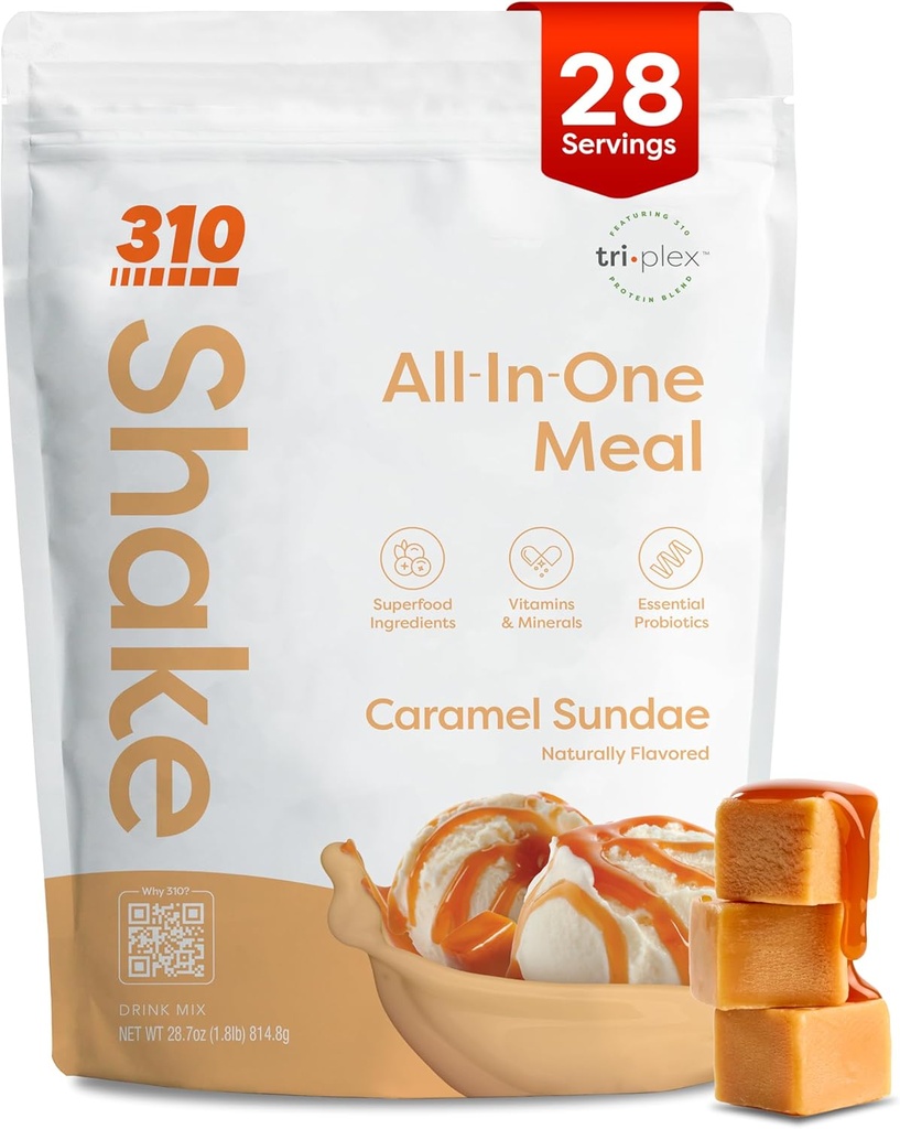 310 תזונה All-In-One Mealהחלפת אבקת Shake - חלבון מבוסס צמחי Smoothie בלגן w / High סיבים, Probiotics & Fitogens - Low Carb, Vegan, Keto & Paleo Friendly - קארמל Sundae - 28 Srvvvv
