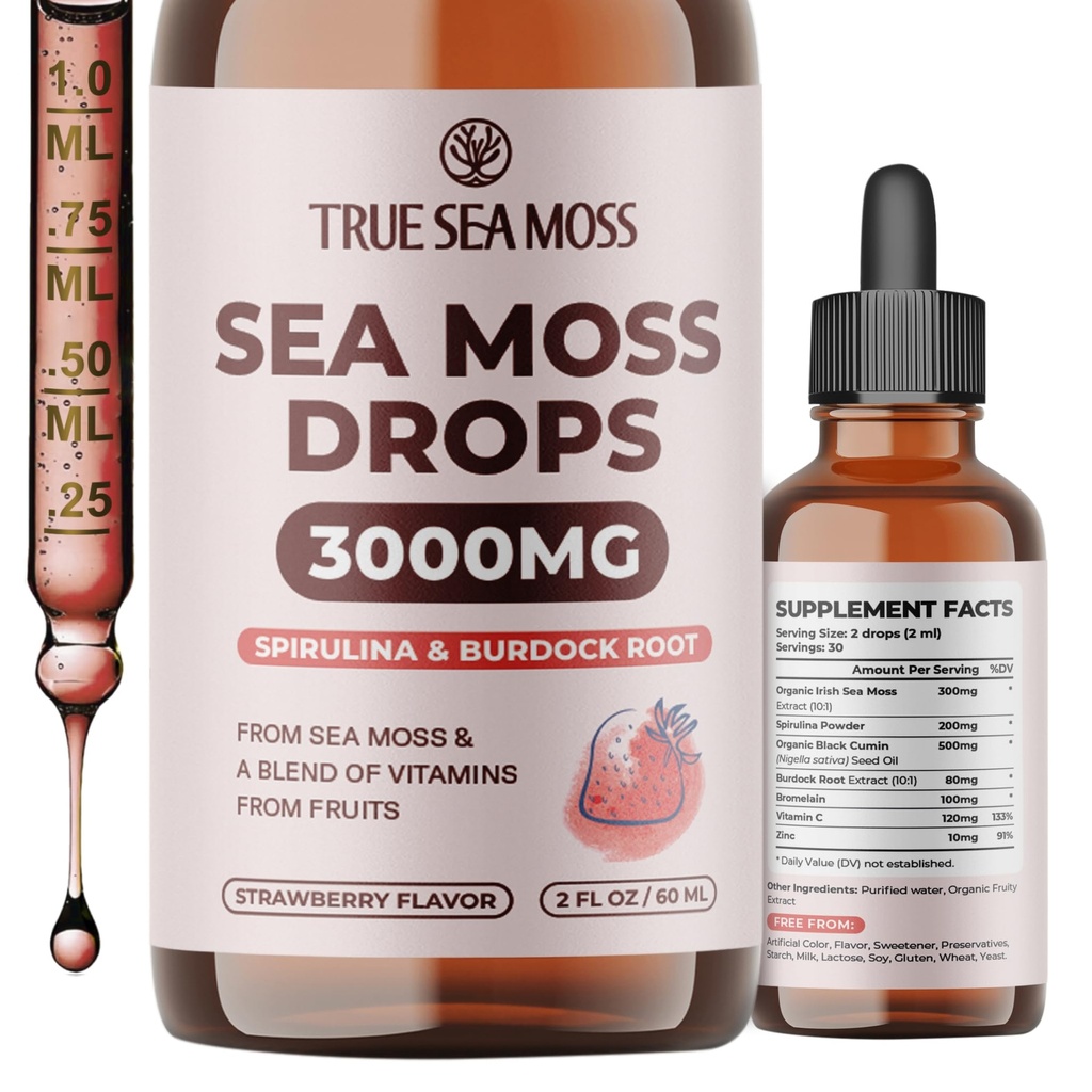 TrueSeaMos Irish Sea Mos Drops - 5X Stronger Than Sea Moss Gel - 92+ Essentials מינרלים - עם אבקת Spirulina, Burdock Root & Black Cumin - 2 Fl Oz (60 מ"ל) - Strawberry Flavor