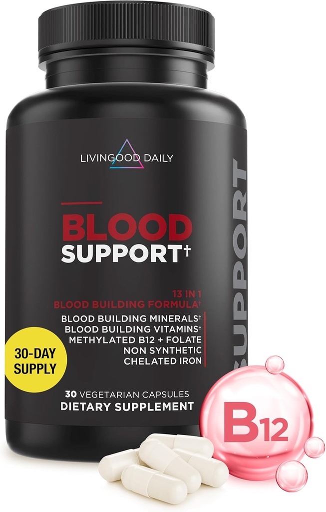 Livingood Daily Iron Supplement for Women & Men, Blood Support Formula with Chelated Iron, Methylated B12, Vitamin C, Zinc & Folate, Vegan, Non GMO, Gluten Free, Allergen Free, 30 Capsules