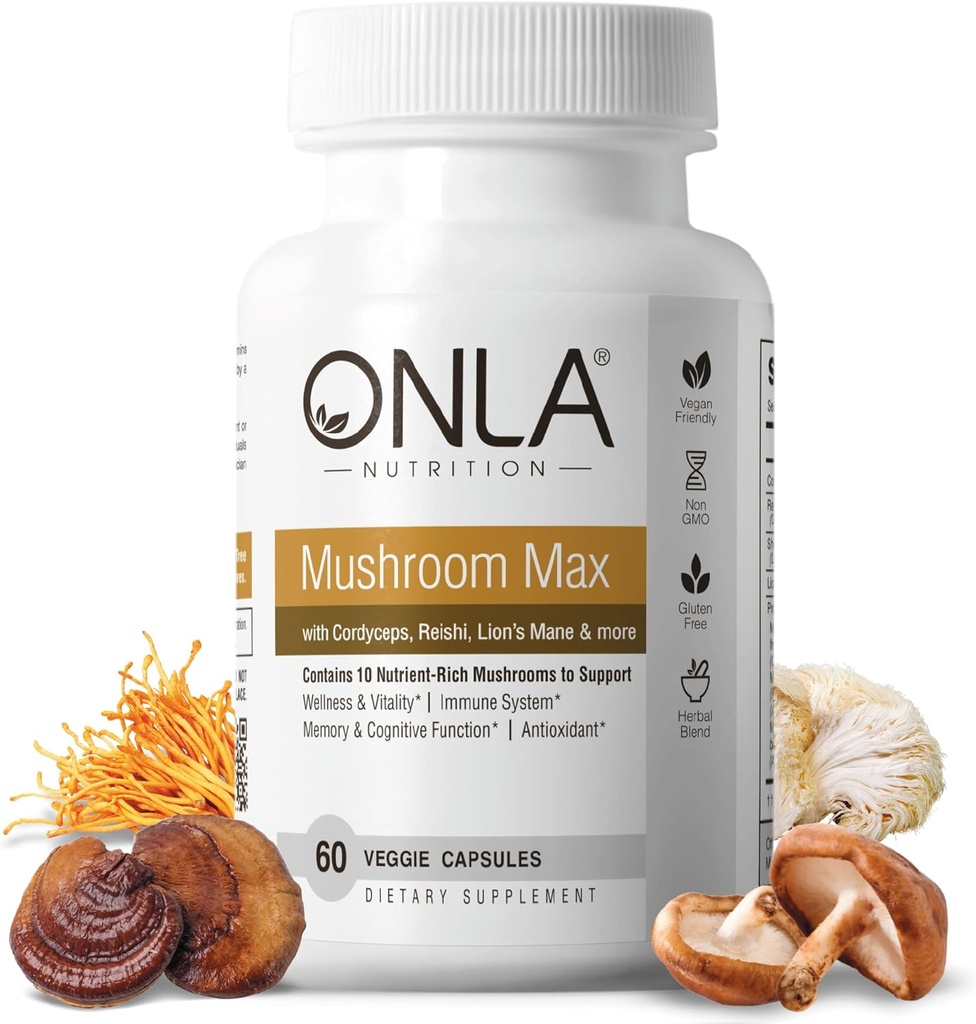 OnLA טבעוני Mushroom תוסף - 10in-1 Lions Mane Mushroom, Reishi Mushroom, Cordyceps, Shiitake - מקושטים עבור Immune System, Natural Brain Supplements for Memory and Focus (60 Cap)