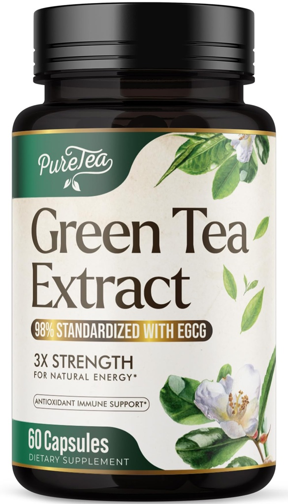 כריות תה ירוקות 1000 מ"ג עם 45% EGCG & 98% Polyphenols עבור תמיכה בלב עם Antioxidants - 3X Absorption Green Tea Pills תוספת של אנרגיה טבעית, Gentle Caffeine - 60 קפסולות