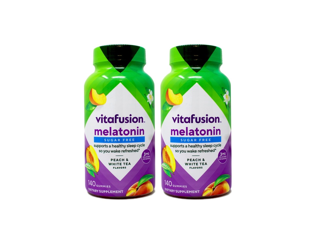 Vitafusion 3 מ"ג Melatonin Gummy תוסף, התעורר רענון, תמיכה בשינה & Jet Lag Aid, Sugar-Free, Dietary Supplement, Natural Tea & Peach Flavors, 140 Count (Pack of 2)