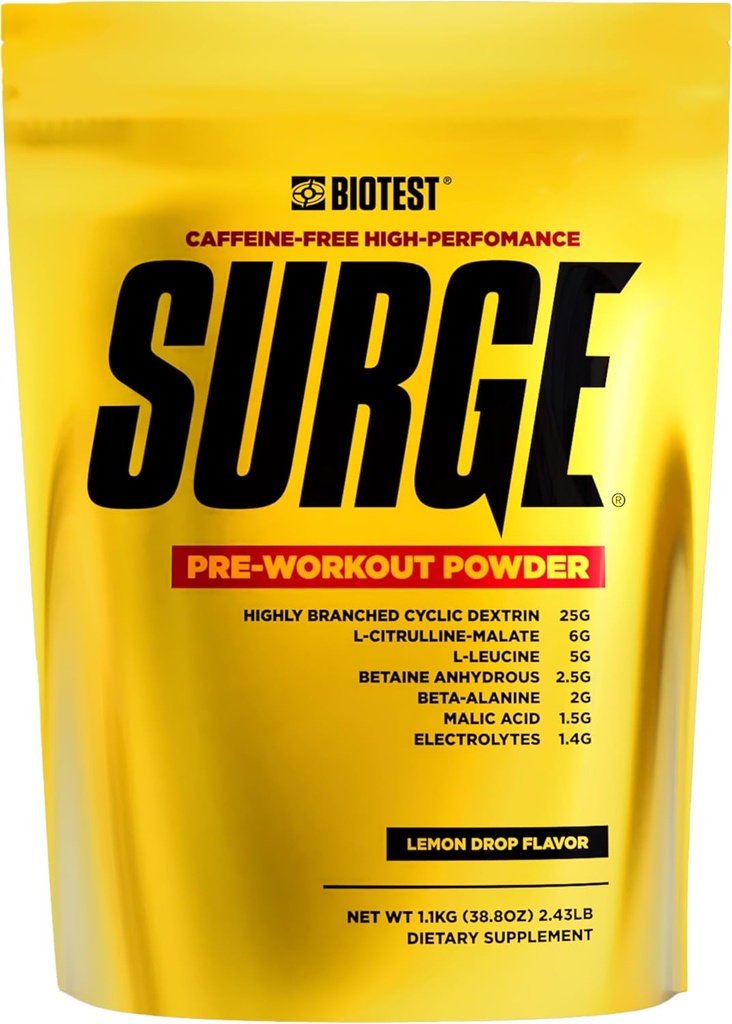 Surge Pre-Workout אבקתl - 25 גרם גבוה Cyclic Dextrin, 6.5 g Citrulline Malate, 5 g L-Leucine, 2.5 g Betaine Anhydrous, 2 g Beta-Alanine, 1.4 g אלקטרוליט בלנדרטה - 1.1 Kg
