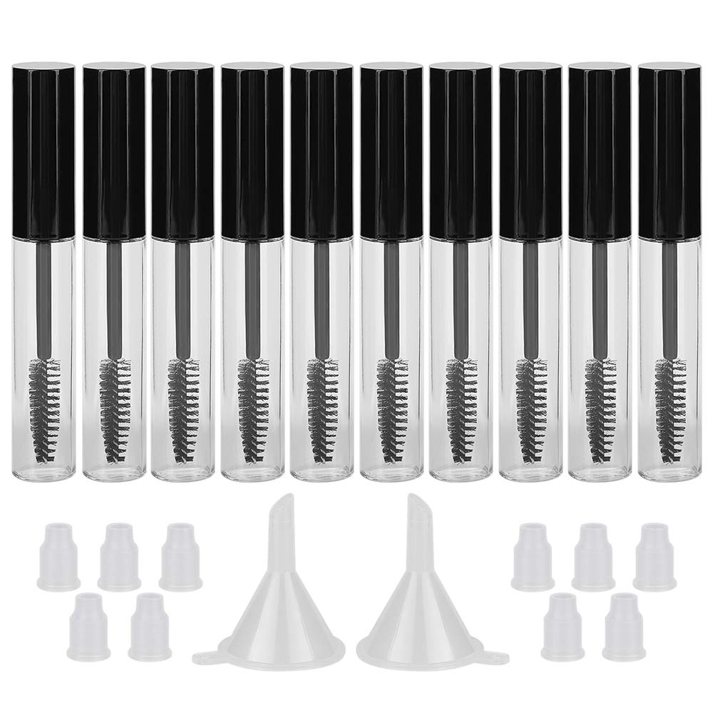 GTHER 10PCS 10ML ריקה Mascara Tube בקבוק עם Eyelash Wand, צינורות גומי ו Funnels להגדיר עבור שמן קסטטור / Growth שמן, קרם DIY מכיל עם Cap, שחור שחור