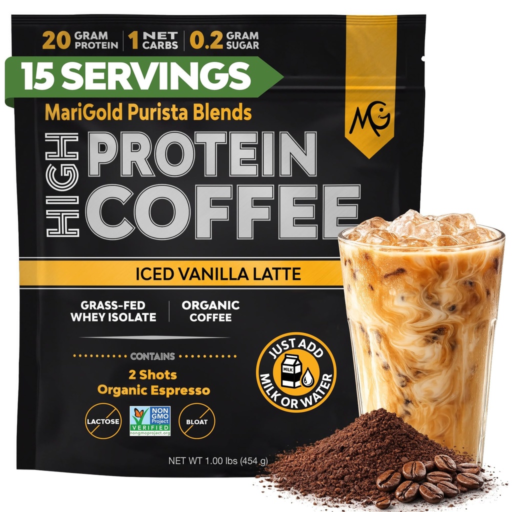 מריג'ק חלבון גבוה - Iced vanilla Latte, 20g Grass-Fed Whey Protein Isolate, Energy & Workout Boost, 2 Shots Organic Espresso, non-GMO, 1 Net Carb, 1 Lb Bag, 15 משרתים
