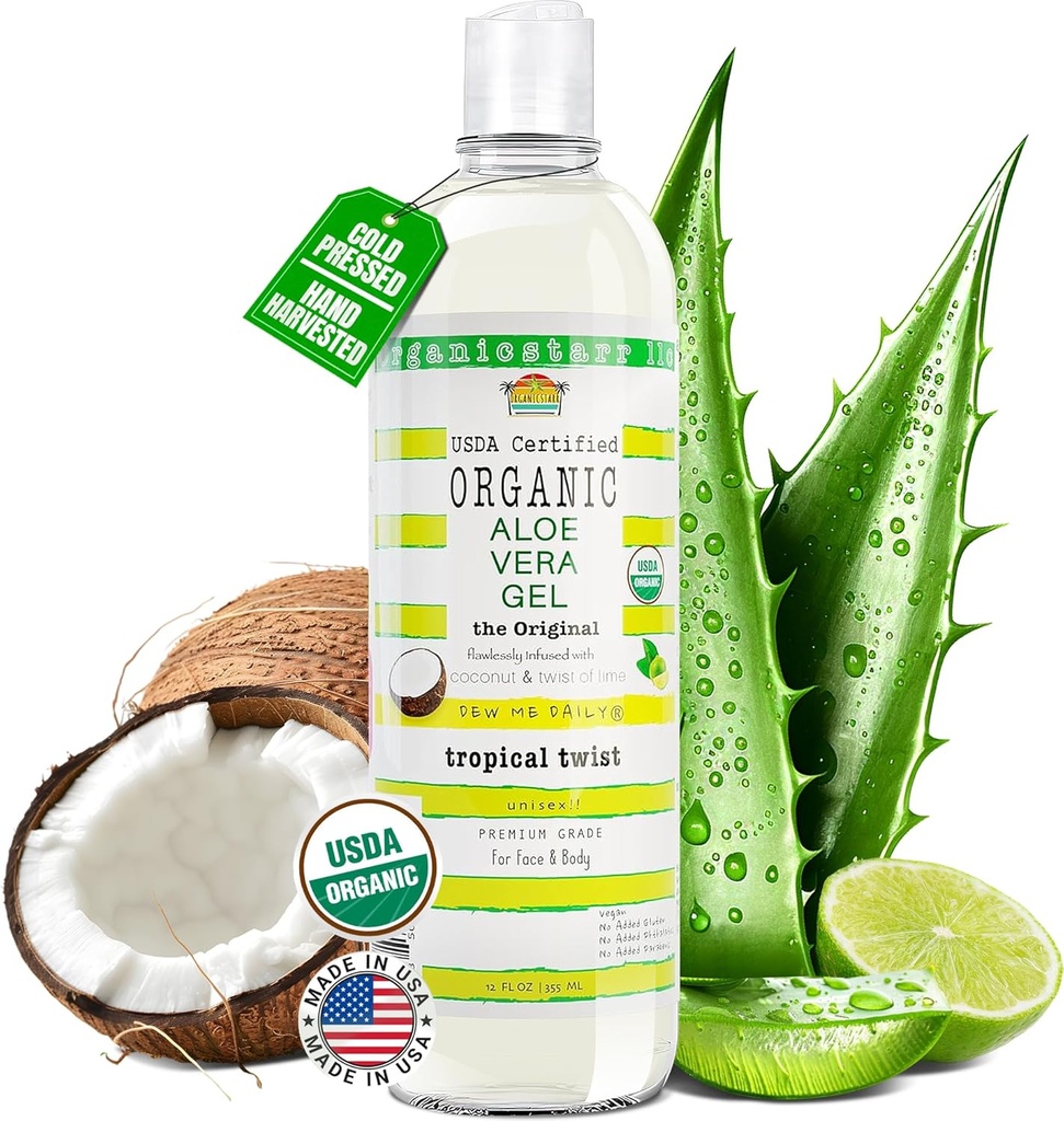 USDA מוסמך אורגני Aloe Vera Gel 12 oz - 100% טהור, קר Pressed, Hand Harvested, מבולבל עם קוקוס, Lime & Verbena Essential שמנים, כימיקלים חינם - Skin & Hair Care, Made בארה"ב