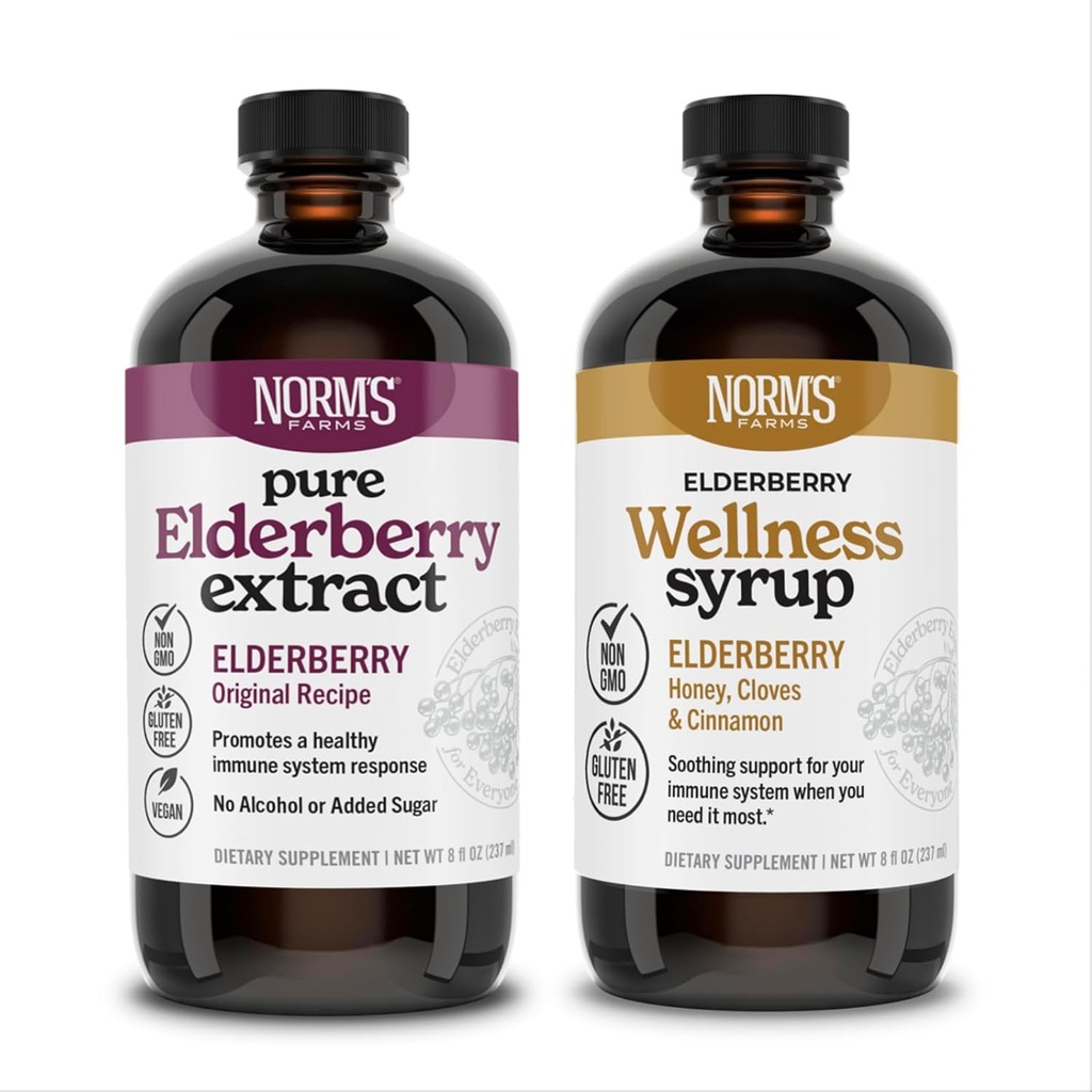 Norm's Farms Elderberry Extract & Wellness Syrup Bundle 2 PK - Immune Support Elderberry Syrup for Kids & Adults - Made in USA, Pure, Potent, Natural Ingredients, טבעוני, Gluten-Free, non-GMO - 8 Oz