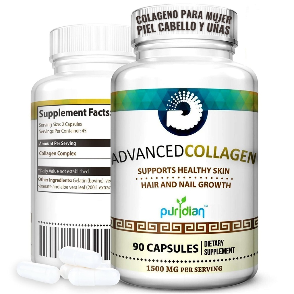 Colageno Hidrolizado para Mujer Pastillas Advanced Collagen+ para La קארה, Cabello, Uñas Y Piel Saludable - 90 Capsulas De 1500 מ"ג De Colágeno Puro טבעי Y