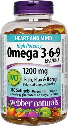 Webber Naturals אומגה 3-6-9 High Potency 1200 מ"ג דגים, Flax & Borage, 180 רכות