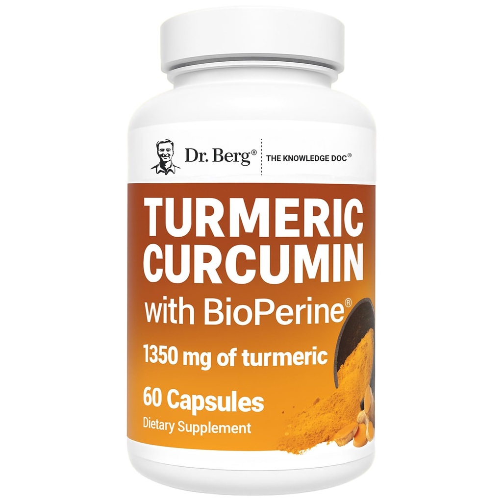 ד"ר ברג (רק 2 Per Day) תוסף Turmeric עם Black Pepper (BioPerine) - 1350 מ"ג תוסף Turmeric Curcumin עם 95% Curcuminoids - Turmeric Curcumin עם Black Pepper - 60 קפסולות טורמרניות