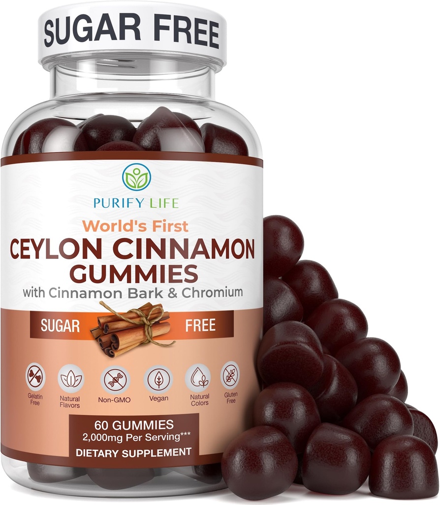 סוכר חינם Ceylon Cinnamon Gummies (2,000 מ"ג / משרת) Ceylon Cinnamon תוספת לבריאות המוח, טבעוני, Gluten-Free, Replace Ceylon Cinnamon קפסולות, גלולות, אבקה, לחלץ (60 צ'רדס)