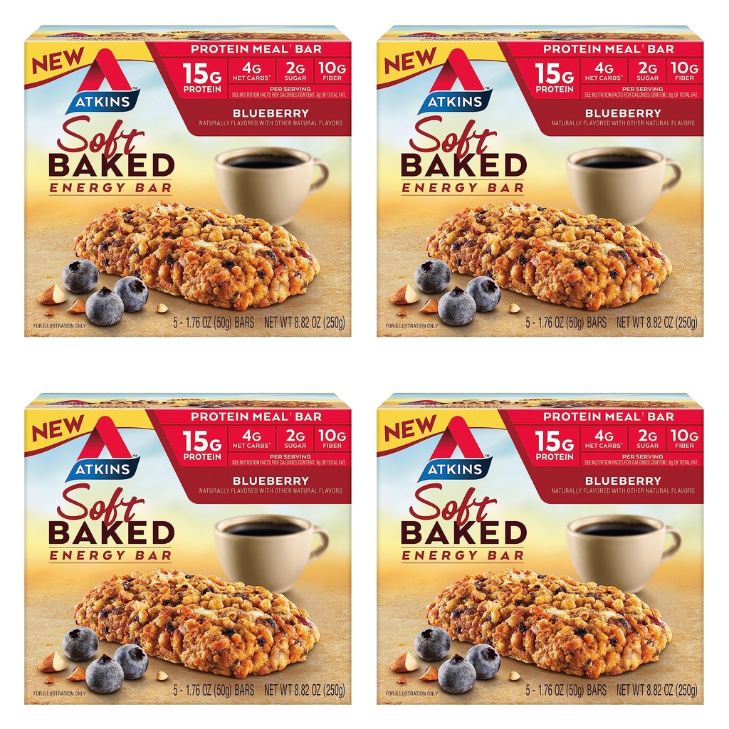 Atkins Blueberry Flavored Soft Baked Energy Bars, גבוה בחלבון חטיף, סוכר נמוך, חטיף סיבים גבוהים, חטיף חלבונים, 4 Packs (4 Bars כל אחד)