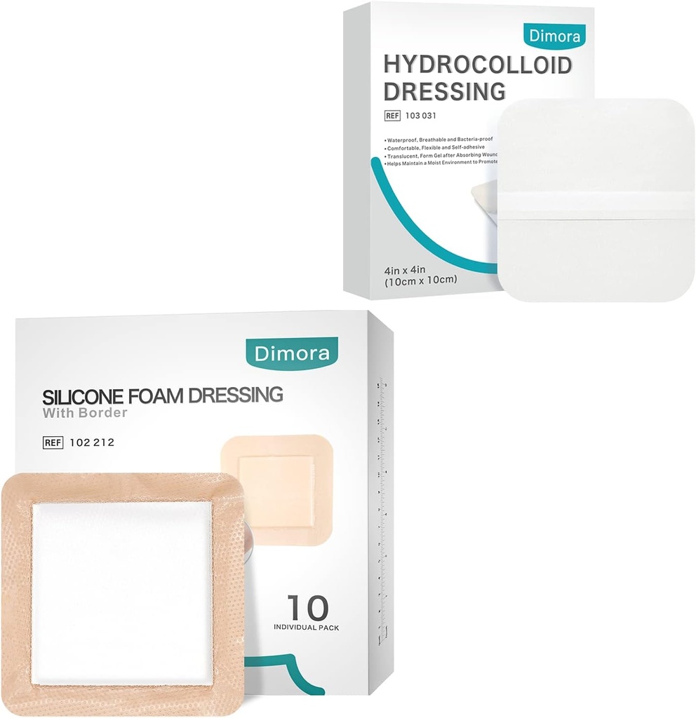 Dimora hydrocolloid Wound Dressing10 Pack 0.3mm + Silicone Foam Dressing with Border Adhesive 6"x6