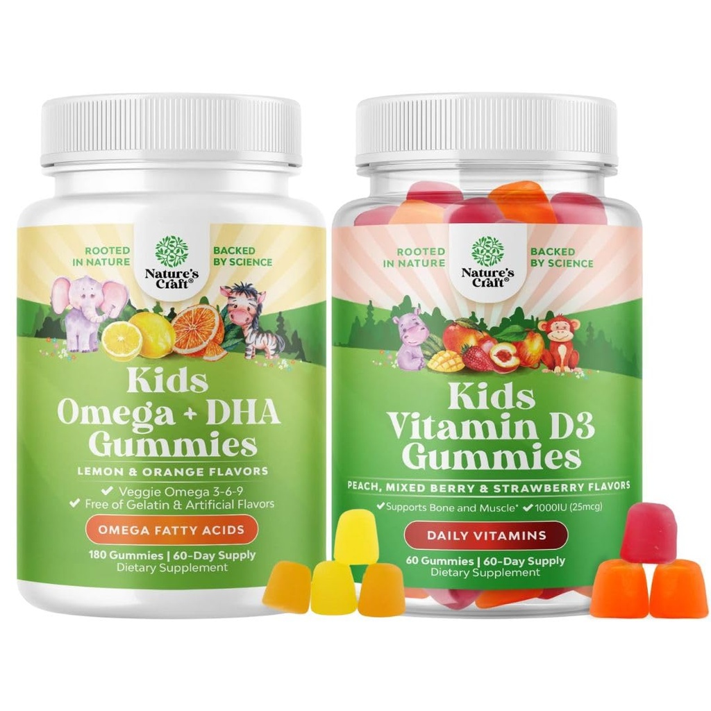 בונדלה של אומגה DHA חניכיים לילדים - Fatty Acids אומגה 3 6 9 - ויטמין C למוח, Immunity & Vision ו- ויטמין Dmies לילדים - 1000 IU Per משרת - Immune תומך שיניים שרירים ובריאות העצם