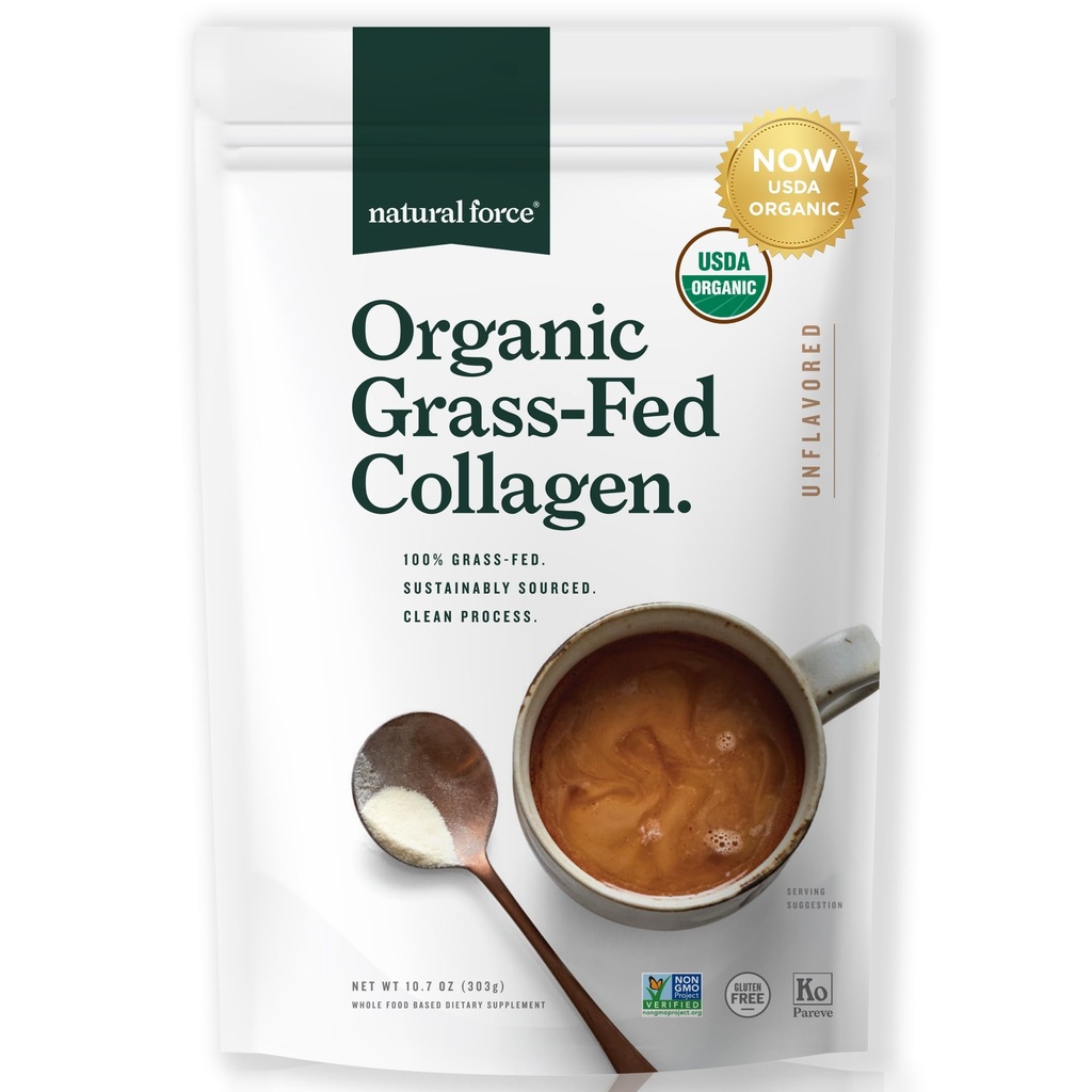 Natural Force Organic Clean Collagen Peptides אבקת - USDA Certified & non-GMO, Keto & Paleo Certified - אבקת חלבון מסוג I & III עם חומצות אמינו חיוניות - Unflavored, 10.7oz