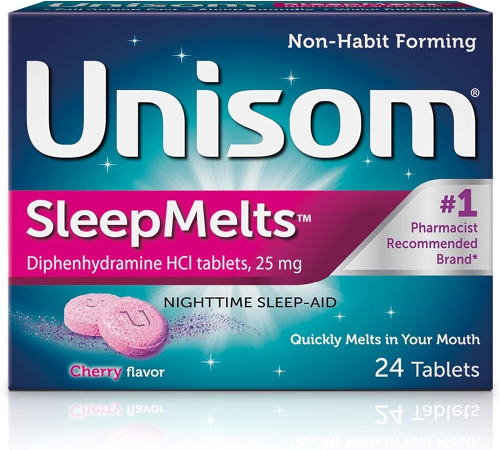 האותיות הקטנות של Unisom Quick Sleepmelts Night Sleep Aid, Cherry,24 Count (Pack of 4)