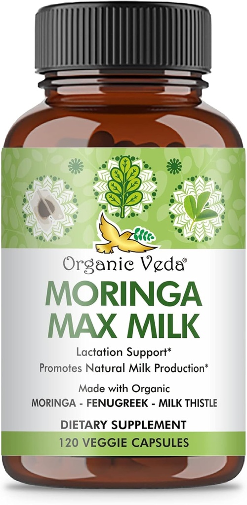 אורגני Veda Moringa Max Milk Lactation תוסף (120 קפסולות) - 1800 מ"ג סופר חזק תרכובת אורגנית עם Fenugreek, Milk Thistle, Moringa Leaf & Seeds עבור חלב הנקה אספקת חלב